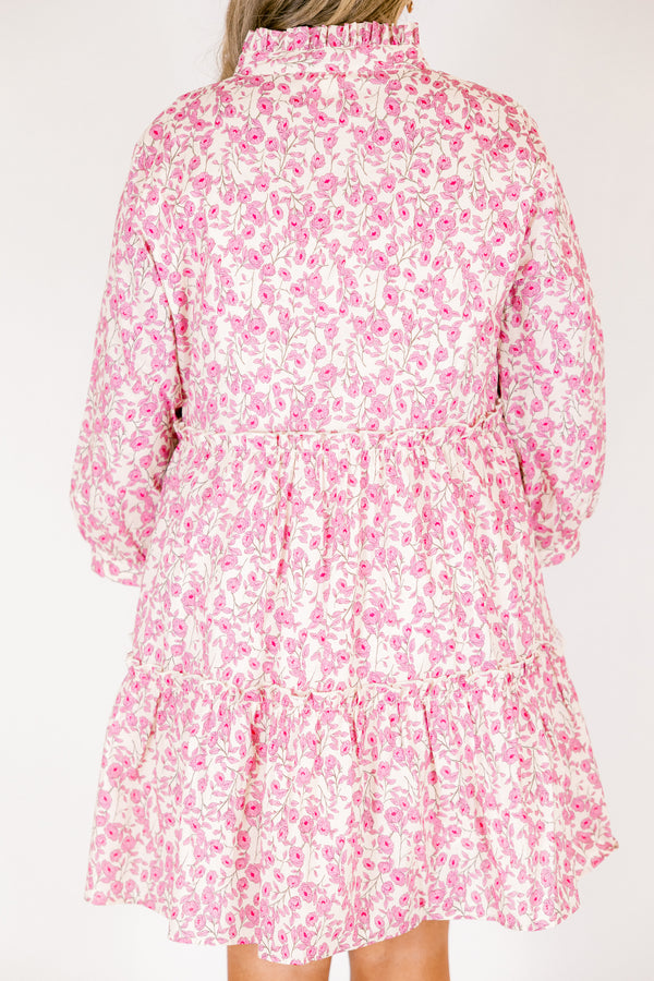 Chic Soul plus size clothing, pink and white floral print long sleeve tiered baby doll dress with v neck cutout and ruffle collar