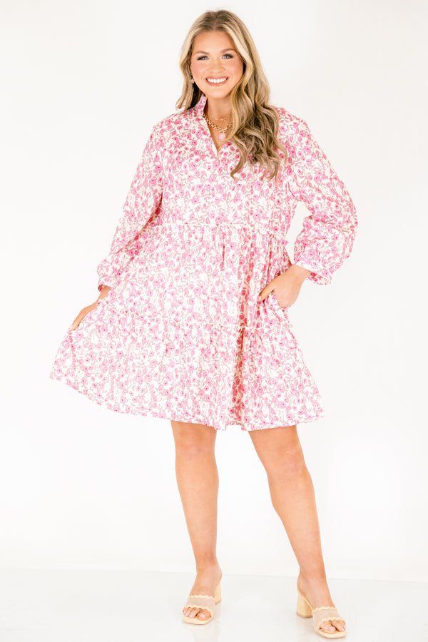 Chic Soul plus size clothing, pink and white floral print long sleeve tiered baby doll dress with v neck cutout and ruffle collar