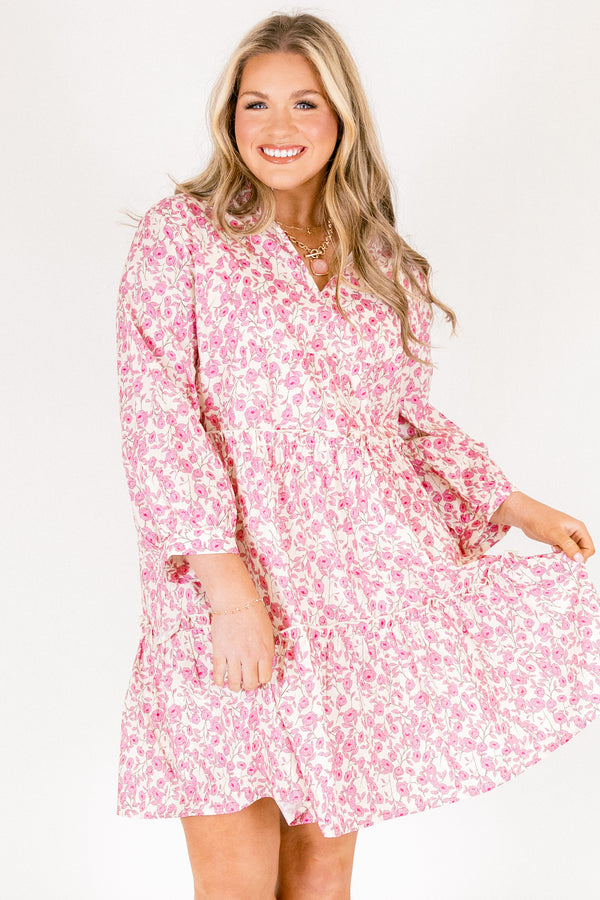 Chic Soul plus size clothing, pink and white floral print long sleeve tiered baby doll dress with v neck cutout and ruffle collar