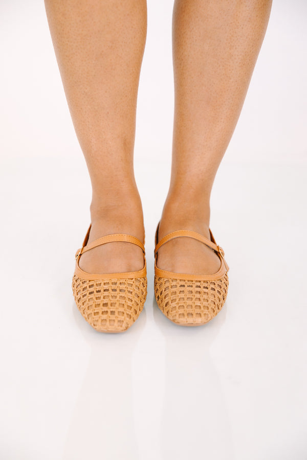 Chic Soul plus size clothing, brown woven closed toed flats with a strap going across the top of the foot
