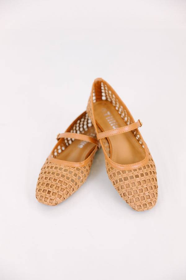 Chic Soul plus size clothing, brown woven closed toed flats with a strap going across the top of the foot