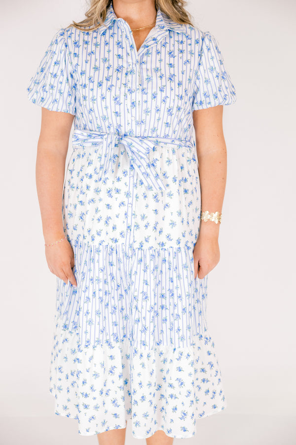 Chic Soul plus size clothing, short puff sleeve midi dress with pin stripe and floral colorblock pattern with buttons down the front, a collar, and a waist tie belt