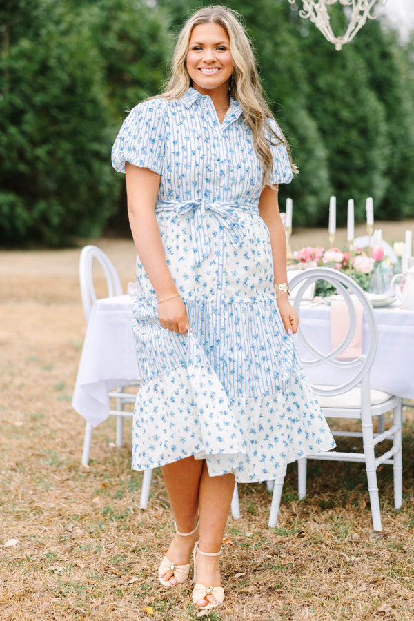 Chic Soul plus size clothing, short puff sleeve midi dress with pin stripe and floral colorblock pattern with buttons down the front, a collar, and a waist tie belt