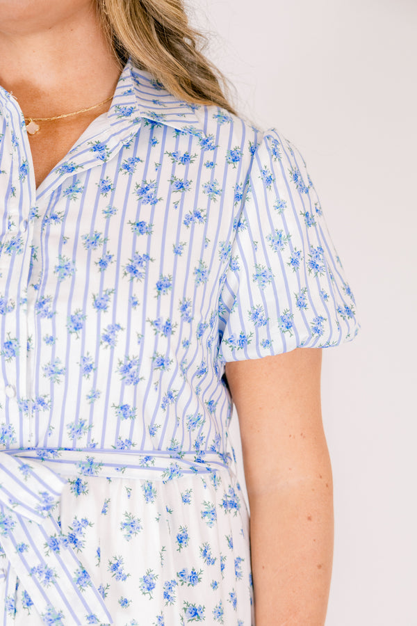 Chic Soul plus size clothing, short puff sleeve midi dress with pin stripe and floral colorblock pattern with buttons down the front, a collar, and a waist tie belt