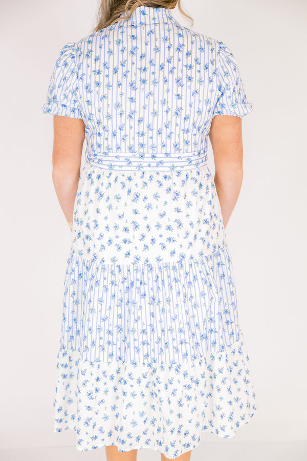 Chic Soul plus size clothing, short puff sleeve midi dress with pin stripe and floral colorblock pattern with buttons down the front, a collar, and a waist tie belt