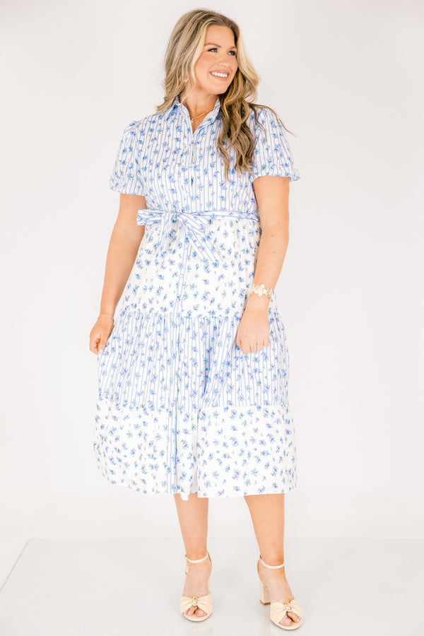 Chic Soul plus size clothing, short puff sleeve midi dress with pin stripe and floral colorblock pattern with buttons down the front, a collar, and a waist tie belt