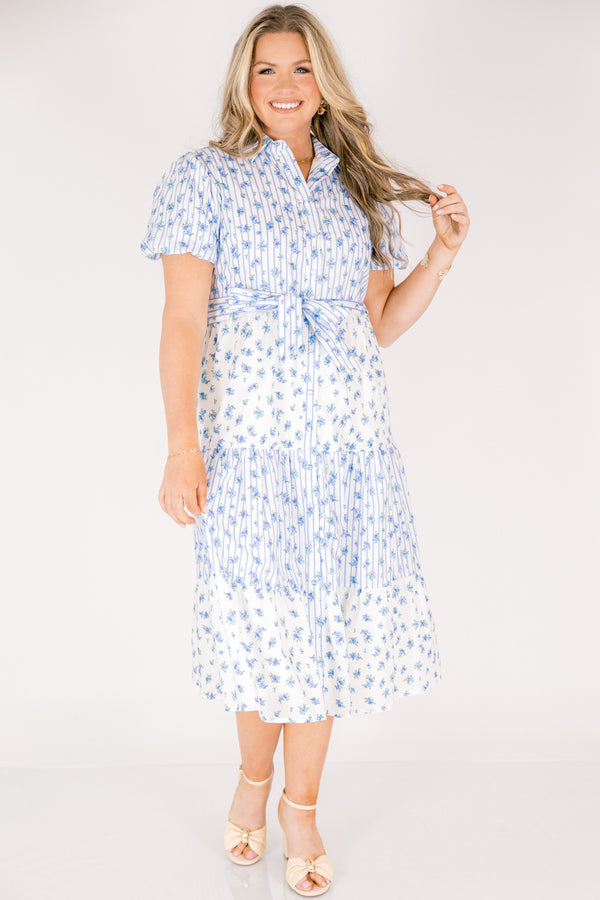 Chic Soul plus size clothing, short puff sleeve midi dress with pin stripe and floral colorblock pattern with buttons down the front, a collar, and a waist tie belt