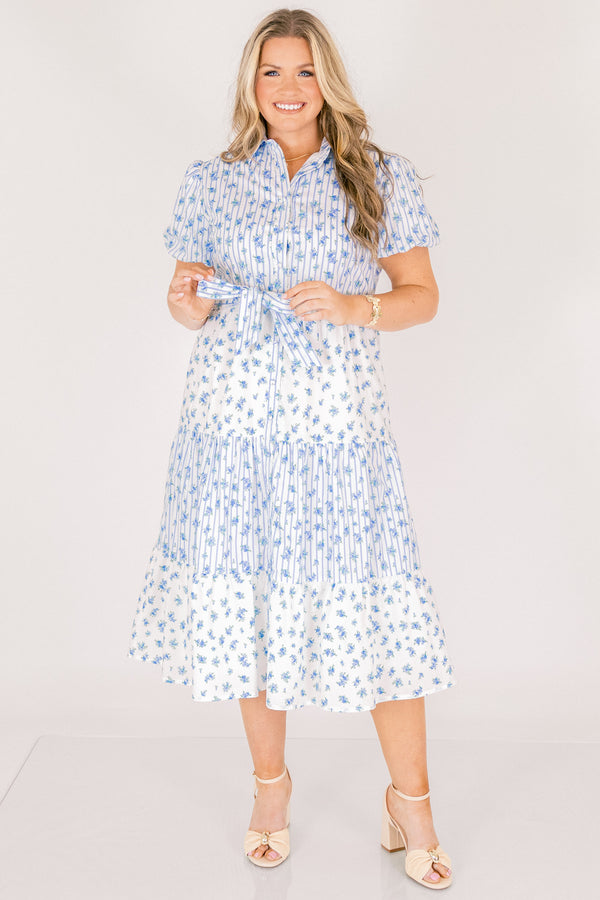 Chic Soul plus size clothing, short puff sleeve midi dress with pin stripe and floral colorblock pattern with buttons down the front, a collar, and a waist tie belt