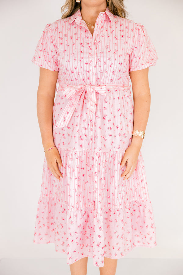 Chic Soul plus size clothing, short puff sleeve midi dress with pink and white pin stripe and floral colorblock pattern with buttons down the front, a collar, and a waist tie belt