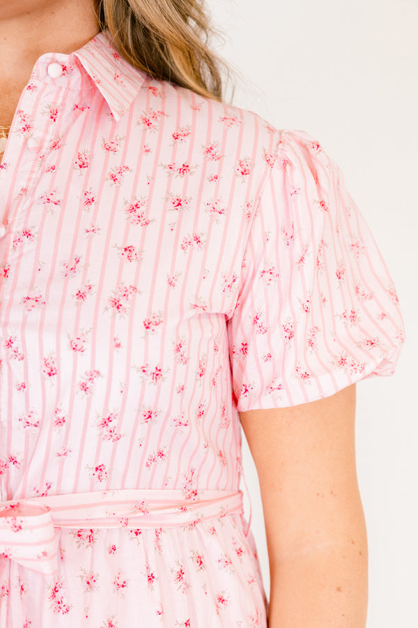 Chic Soul plus size clothing, short puff sleeve midi dress with pink and white pin stripe and floral colorblock pattern with buttons down the front, a collar, and a waist tie belt