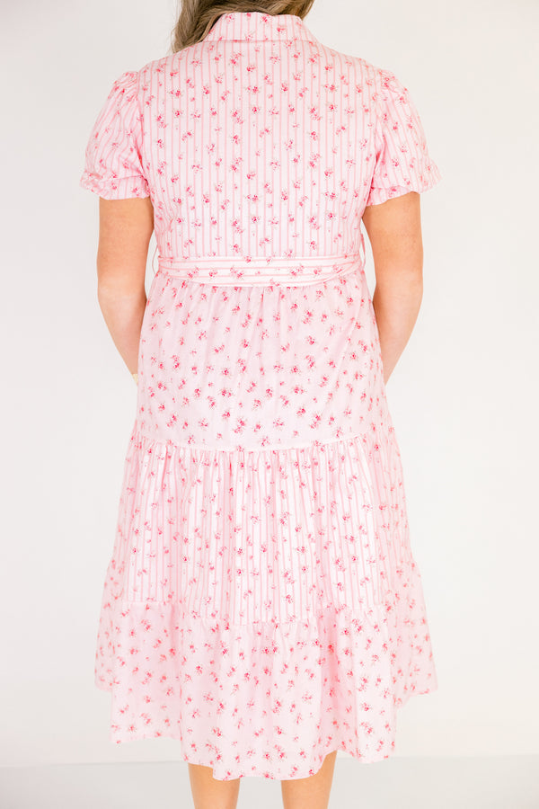 Chic Soul plus size clothing, short puff sleeve midi dress with pink and white pin stripe and floral colorblock pattern with buttons down the front, a collar, and a waist tie belt