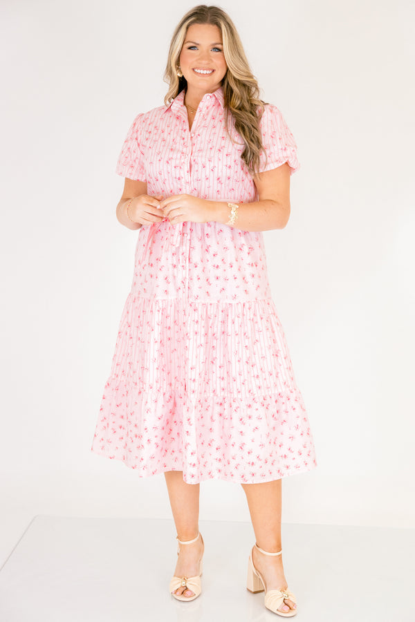 Chic Soul plus size clothing, short puff sleeve midi dress with pink and white pin stripe and floral colorblock pattern with buttons down the front, a collar, and a waist tie belt