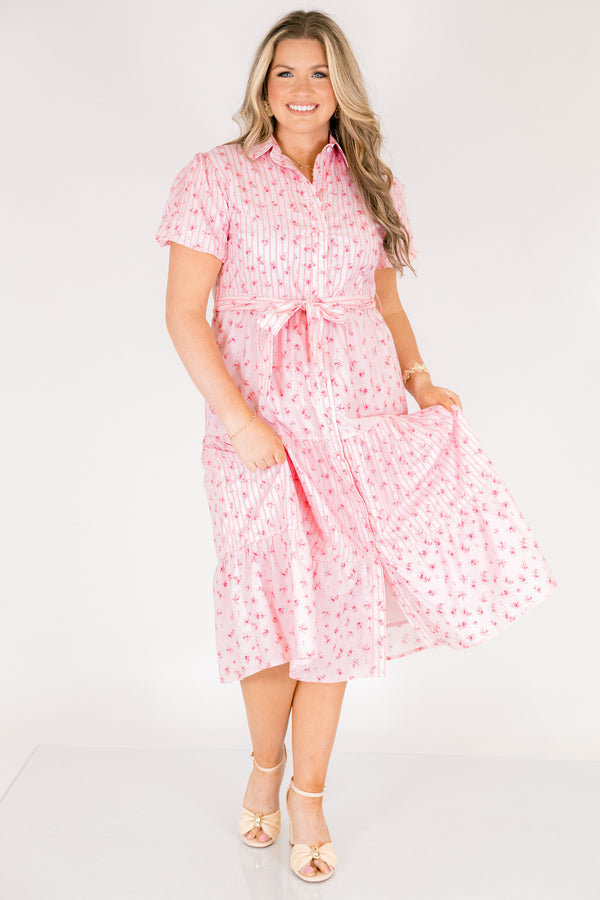 Chic Soul plus size clothing, short puff sleeve midi dress with pink and white pin stripe and floral colorblock pattern with buttons down the front, a collar, and a waist tie belt