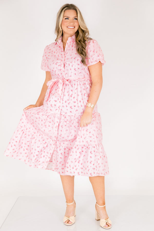 Chic Soul plus size clothing, short puff sleeve midi dress with pink and white pin stripe and floral colorblock pattern with buttons down the front, a collar, and a waist tie belt