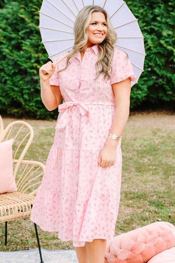 Chic Soul plus size clothing, short puff sleeve midi dress with pink and white pin stripe and floral colorblock pattern with buttons down the front, a collar, and a waist tie belt