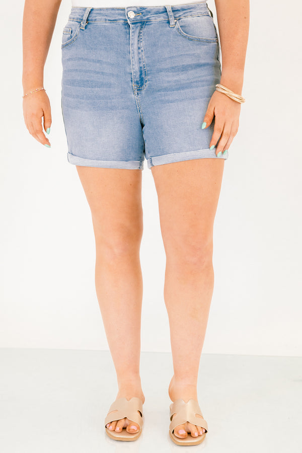 Chic Soul plus size clothing, light wash mid thigh length denim shorts with a rolled cuff hem