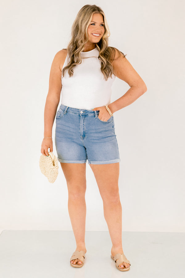 Chic Soul plus size clothing, light wash mid thigh length denim shorts with a rolled cuff hem