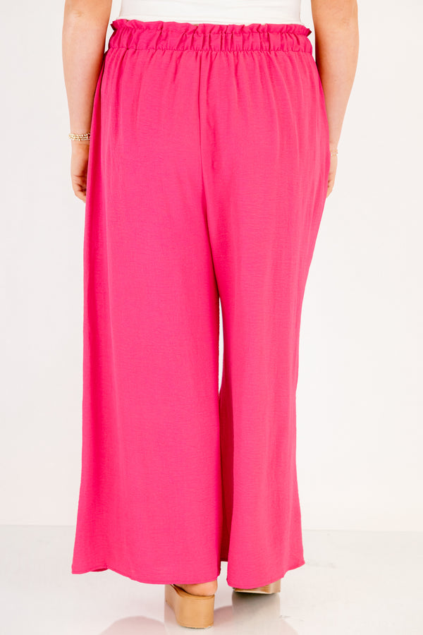 Chic Soul plus size clothing, hot pink elastic waistband flowy straight leg pants