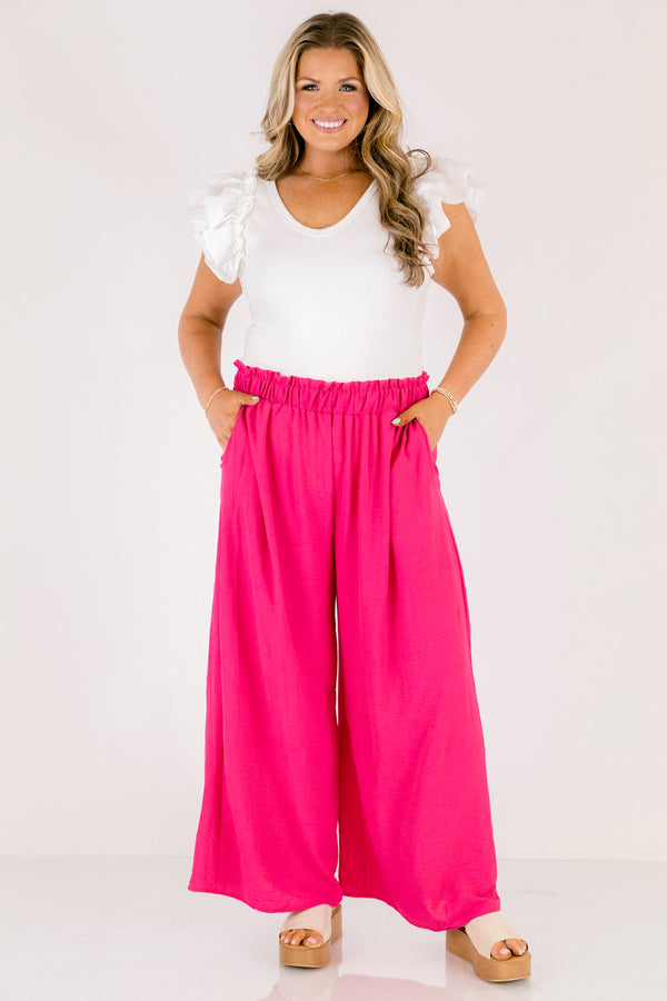 Chic Soul plus size clothing, hot pink elastic waistband flowy straight leg pants