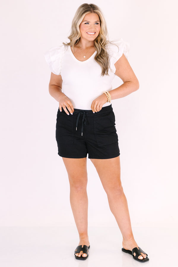 Chic Soul plus size clothing, black mid thigh length shorts with elastic drawstring waistband 