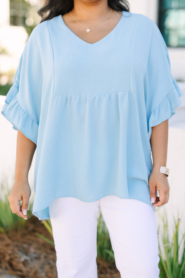 Chic Soul plus size clothing, light blue short sleeve babydoll top with ruffle sleeves
