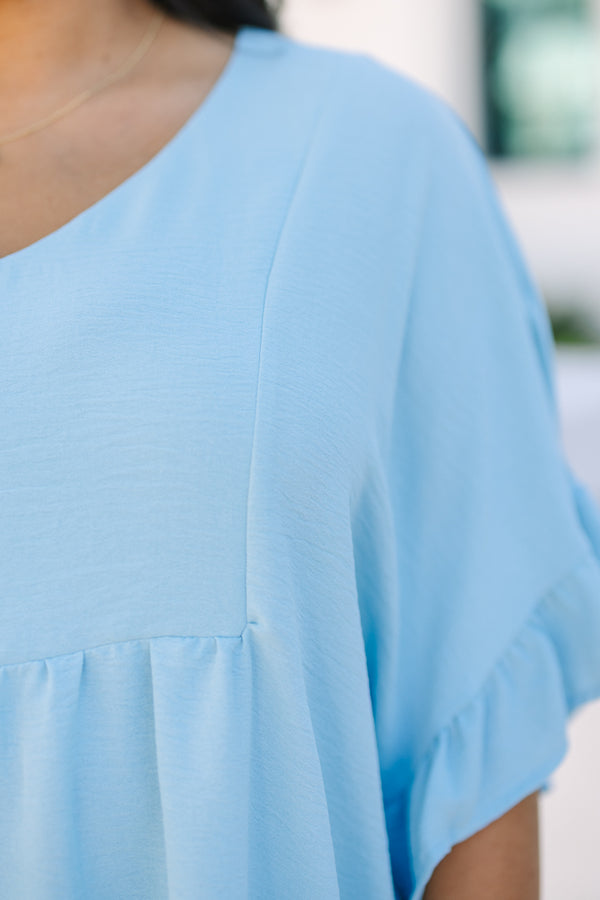 Chic Soul plus size clothing, light blue short sleeve babydoll top with ruffle sleeves