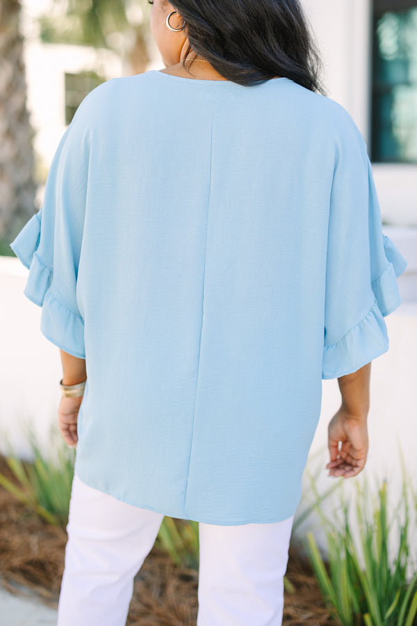 Chic Soul plus size clothing, light blue short sleeve babydoll top with ruffle sleeves