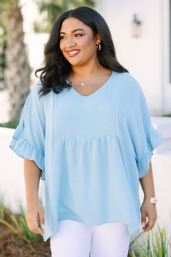 Chic Soul plus size clothing, light blue short sleeve babydoll top with ruffle sleeves