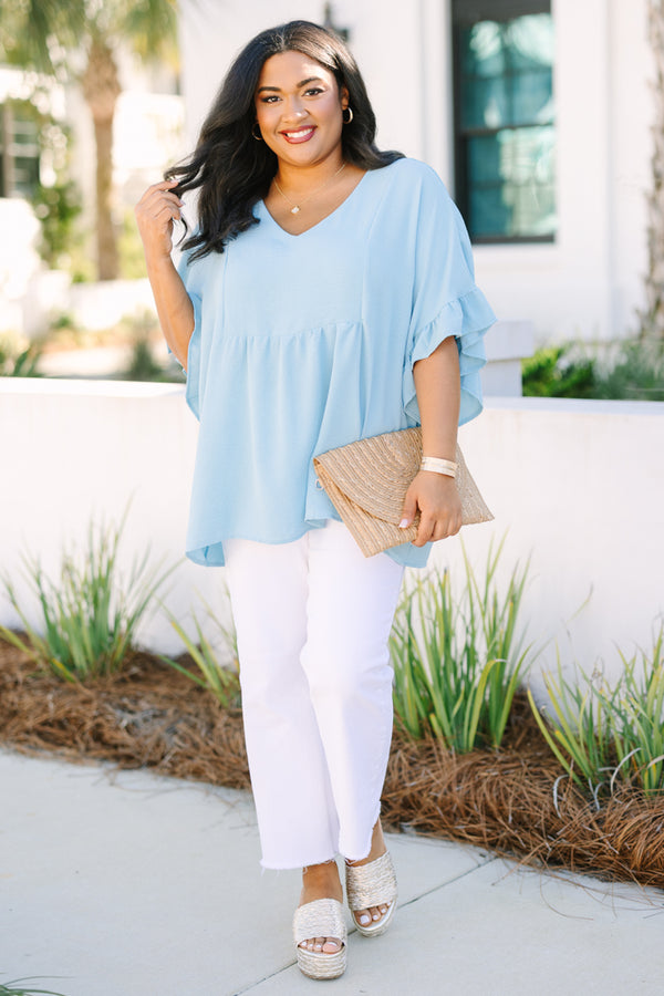 Chic Soul plus size clothing, light blue short sleeve babydoll top with ruffle sleeves