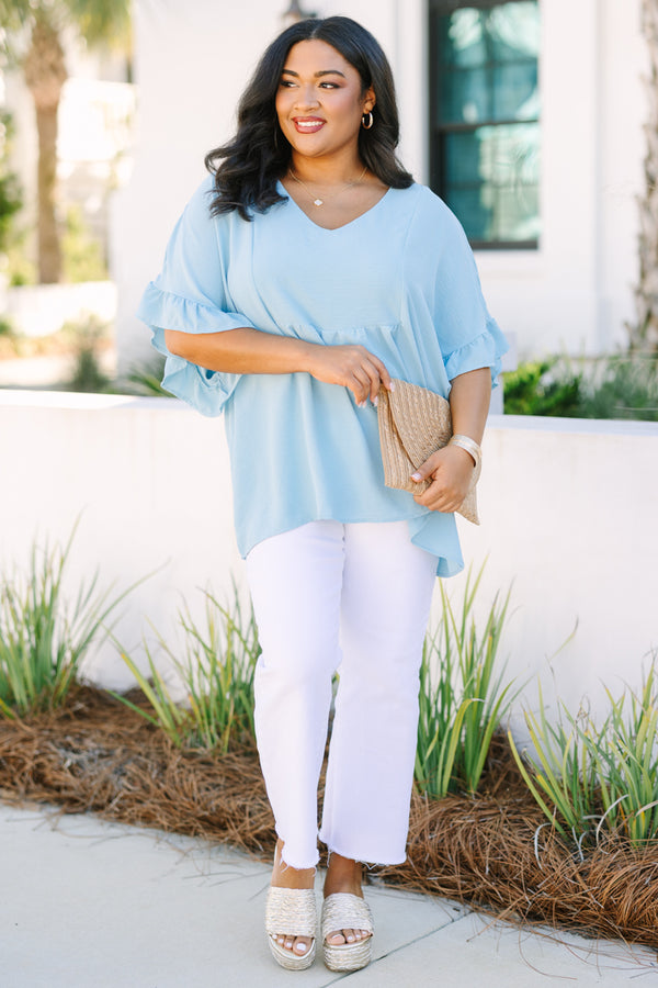 Chic Soul plus size clothing, light blue short sleeve babydoll top with ruffle sleeves