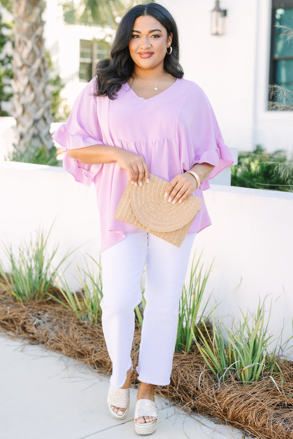 Chic Soul plus size clothing, light purple short ruffle sleeve baby doll top