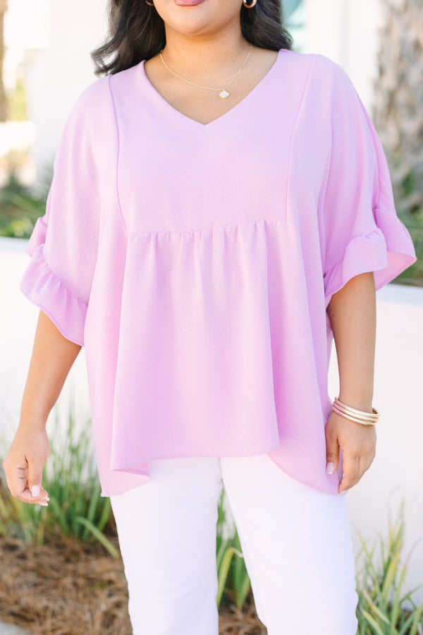 Chic Soul plus size clothing, light purple short ruffle sleeve baby doll top