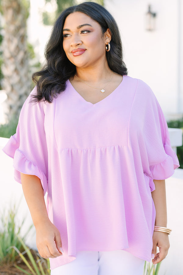 Chic Soul plus size clothing, light purple short ruffle sleeve baby doll top