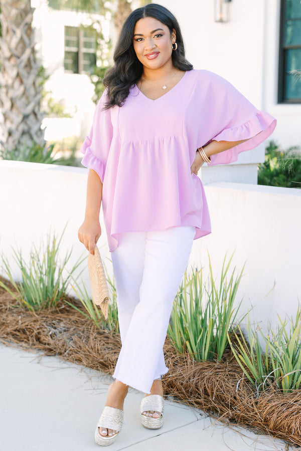 Chic Soul plus size clothing, light purple short ruffle sleeve baby doll top