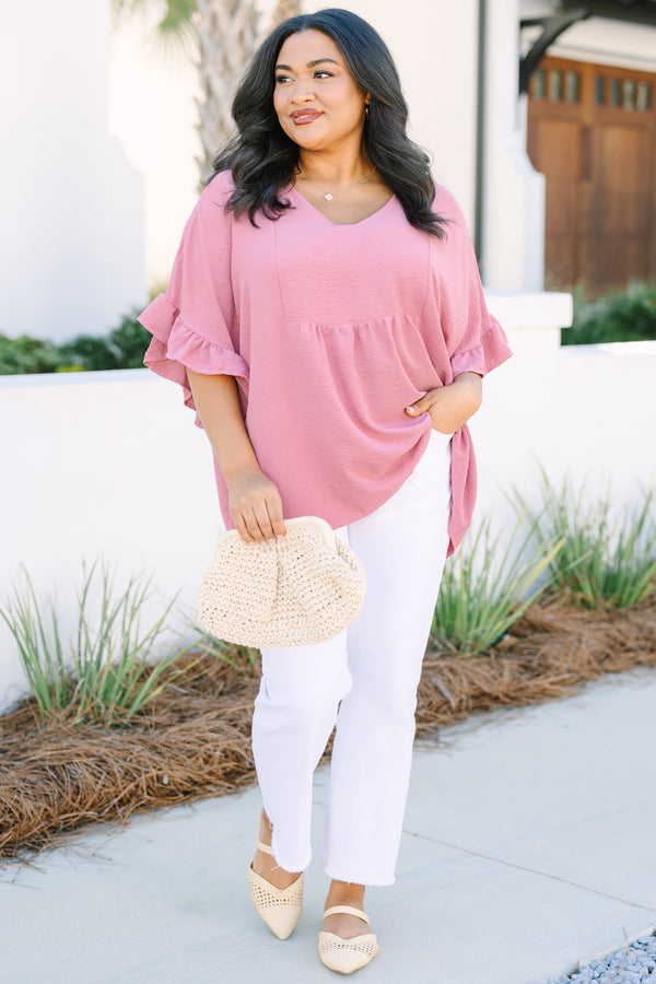 Chic Soul plus size clothing, pink silk top with a slight v-neckline and short sleeves that have ruffle detailing at the ends of each sleeve