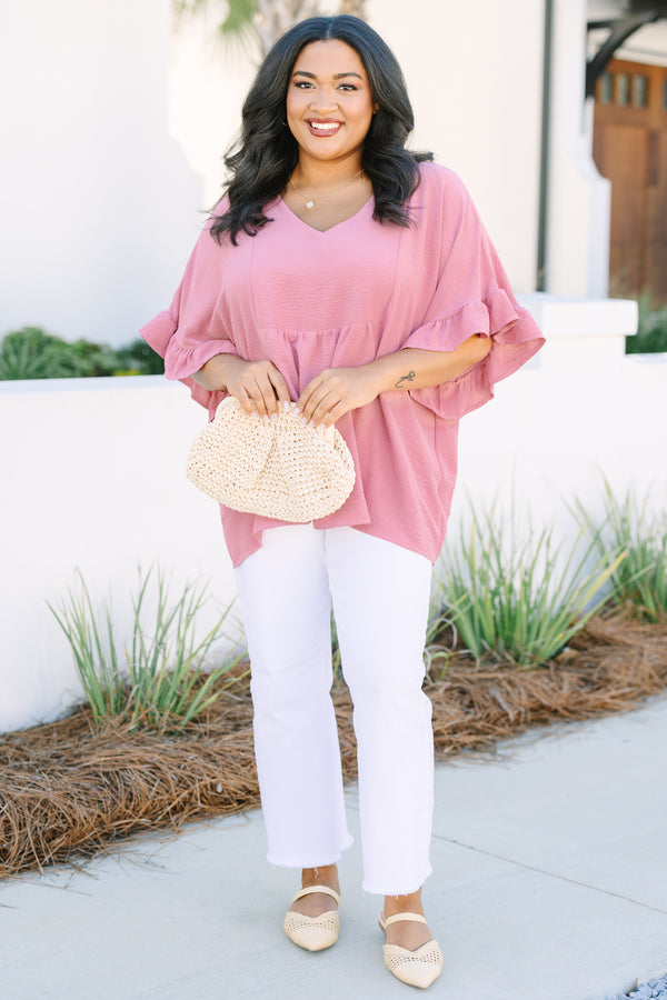Chic Soul plus size clothing, pink silk top with a slight v-neckline and short sleeves that have ruffle detailing at the ends of each sleeve