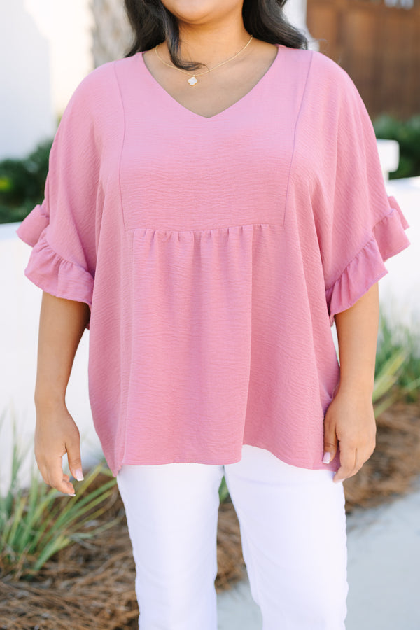 Chic Soul plus size clothing, pink silk top with a slight v-neckline and short sleeves that have ruffle detailing at the ends of each sleeve