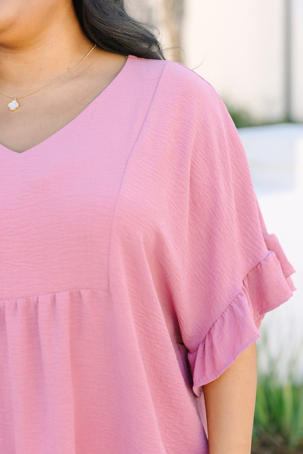 Chic Soul plus size clothing, pink silk top with a slight v-neckline and short sleeves that have ruffle detailing at the ends of each sleeve