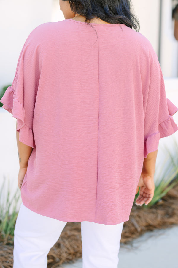 Chic Soul plus size clothing, pink silk top with a slight v-neckline and short sleeves that have ruffle detailing at the ends of each sleeve