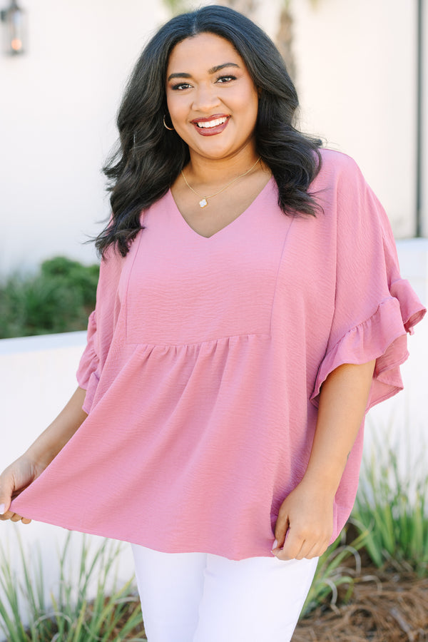 Chic Soul plus size clothing, pink silk top with a slight v-neckline and short sleeves that have ruffle detailing at the ends of each sleeve