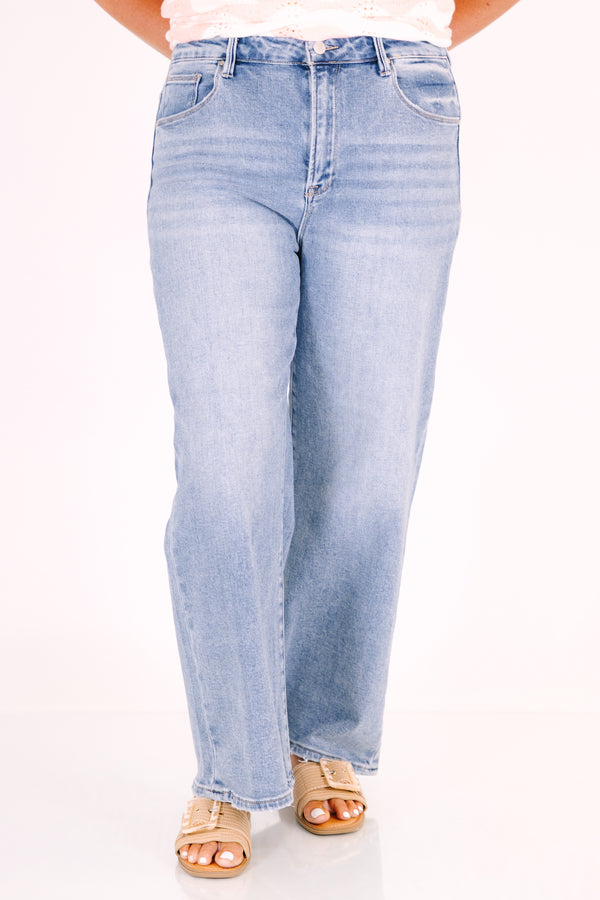 Chic Soul plus size clothing, relaxed fit wide leg light wash denim with no distressing