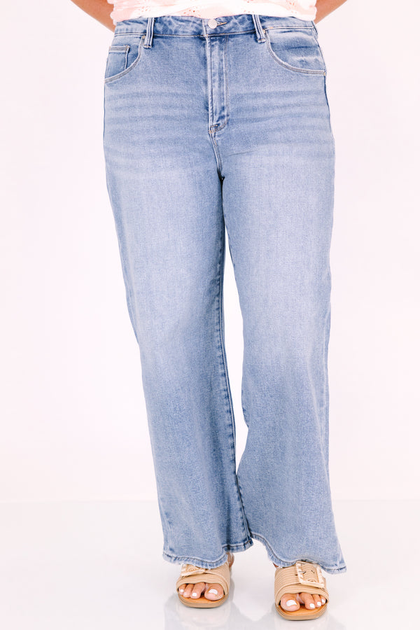 Chic Soul plus size clothing, relaxed fit wide leg light wash denim with no distressing