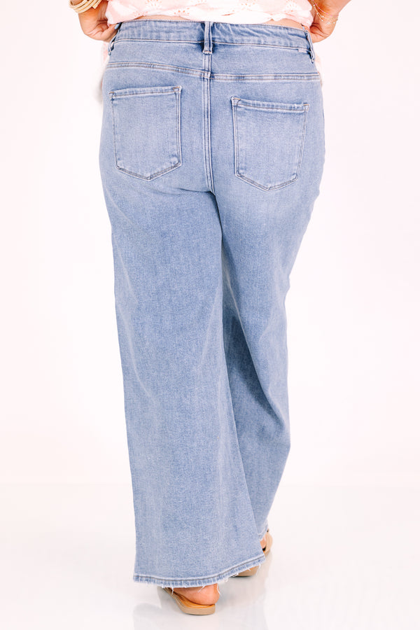 Chic Soul plus size clothing, relaxed fit wide leg light wash denim with no distressing