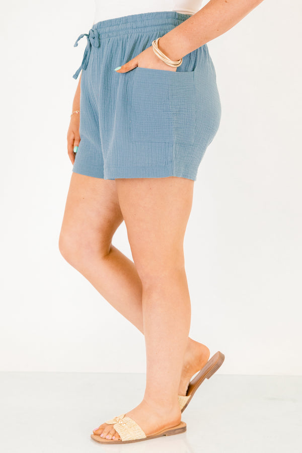Chic Soul plus size clothing, dark aqua teal drawstring linen shorts with cargo pockets on the sides