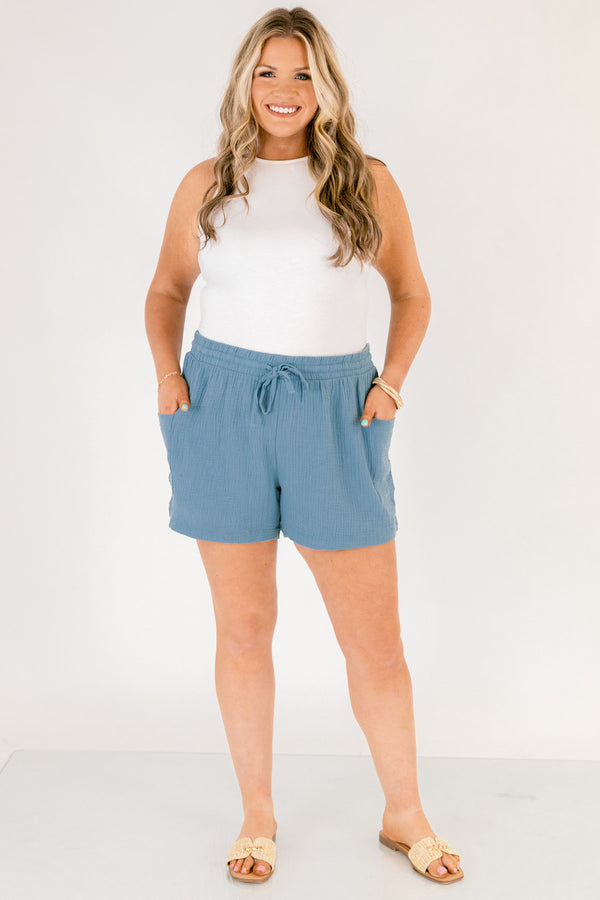 Chic Soul plus size clothing, dark aqua teal drawstring linen shorts with cargo pockets on the sides