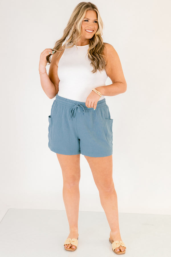 Chic Soul plus size clothing, dark aqua teal drawstring linen shorts with cargo pockets on the sides
