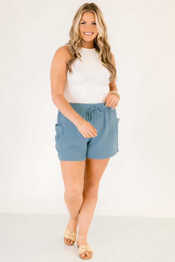 Chic Soul plus size clothing, dark aqua teal drawstring linen shorts with cargo pockets on the sides