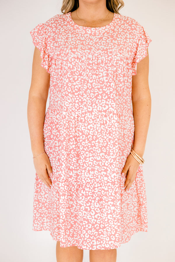 Chic Soul plus size clothing, light pink and white leopard print short flutter sleeve short babydoll dress