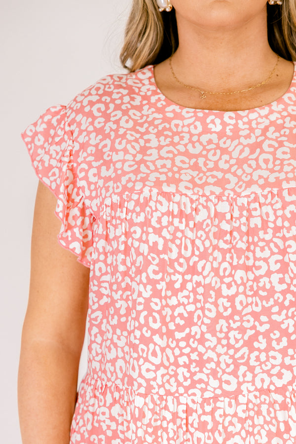 Chic Soul plus size clothing, light pink and white leopard print short flutter sleeve short babydoll dress