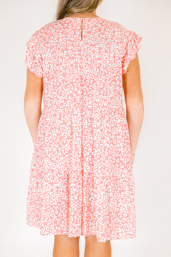 Chic Soul plus size clothing, light pink and white leopard print short flutter sleeve short babydoll dress